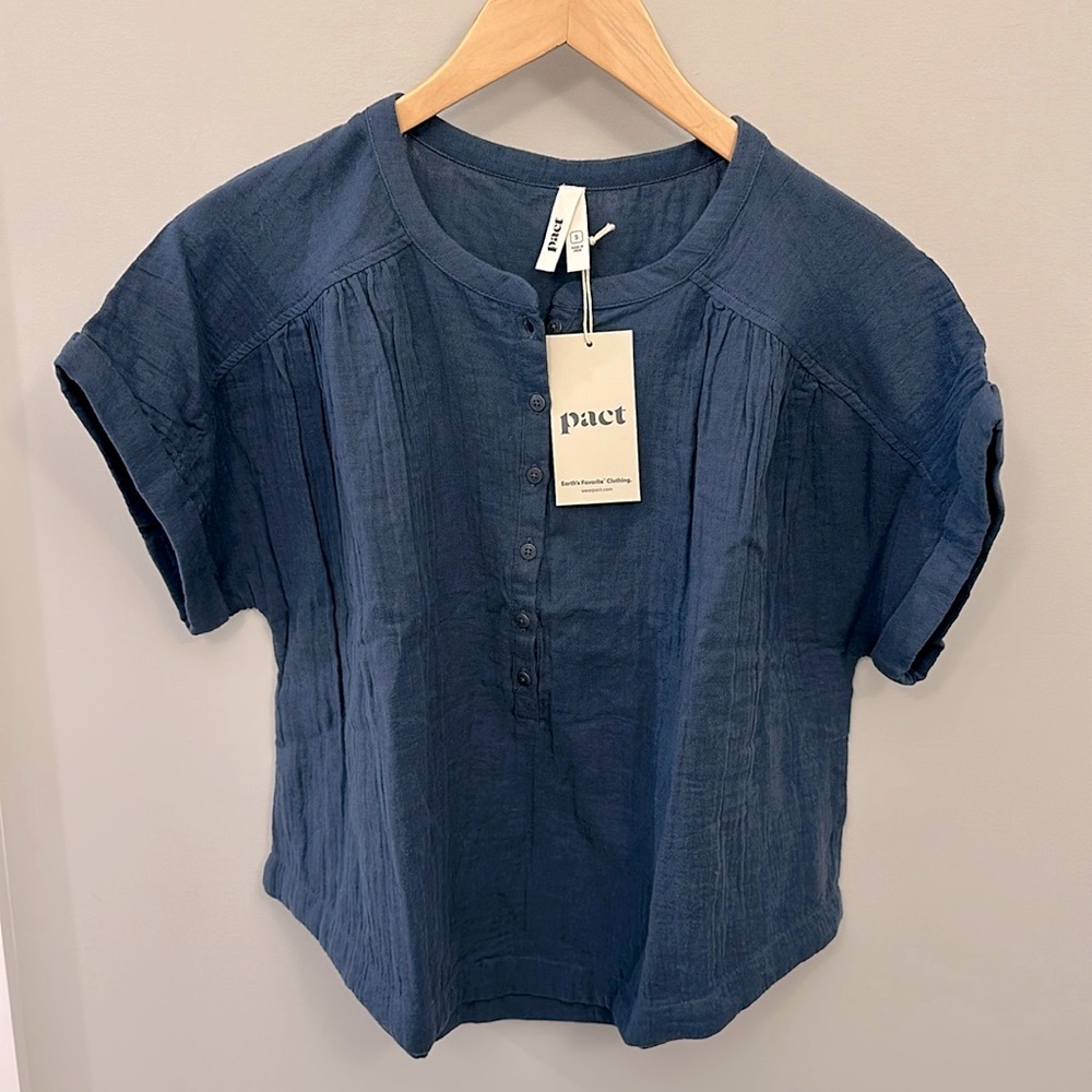 Pact Women's French Navy Coastal Double Gauze Short Sleeve Popover S
